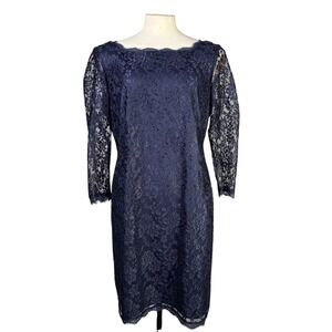 Simply Liliana Navy Blue Floral Lace Sheath Dress V-Back Exposed Zipper Size 14